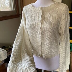 Pointelle Knit Cropped Cream Cardigan Sweater Medium Cottage Boho Feminine Layer